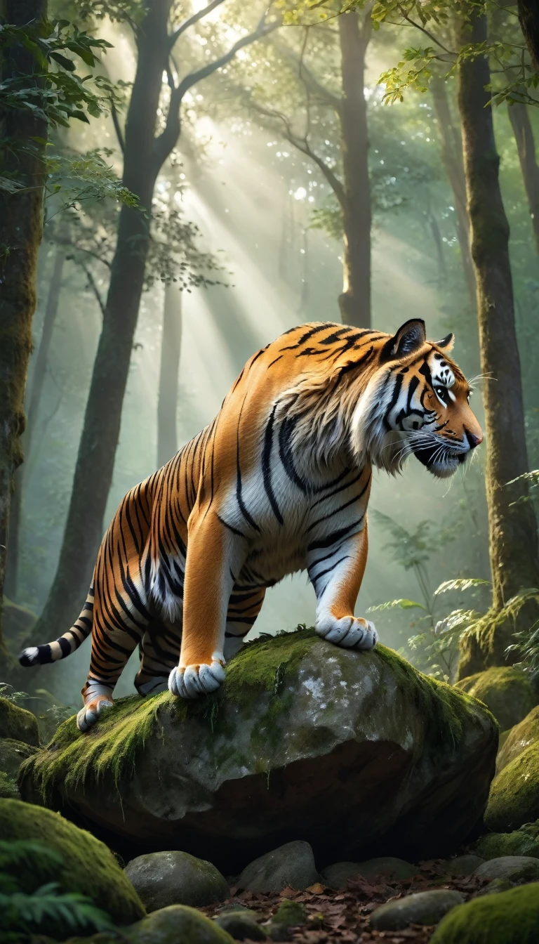 Panorama,A wild beast is sitting on a rock in the forest,The tail of the cow,The body of a tiger(best quality,4K,8K,High level,masterpiece:1.2),Ultra Detailed,(lifelike,Photo real,Photo real:1.37),Highly detailed animals,Complex patterns,Realistic lighting,Fantasy Creatures