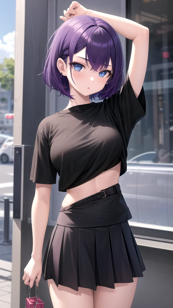 masterpiece, best quality, high quality, ,dark forsest, 1girl, solo, 19-year-old girl,female focus, looking at viewer , purple hair,black T-shirt ,black mini skirt , blue eyes, dare sky