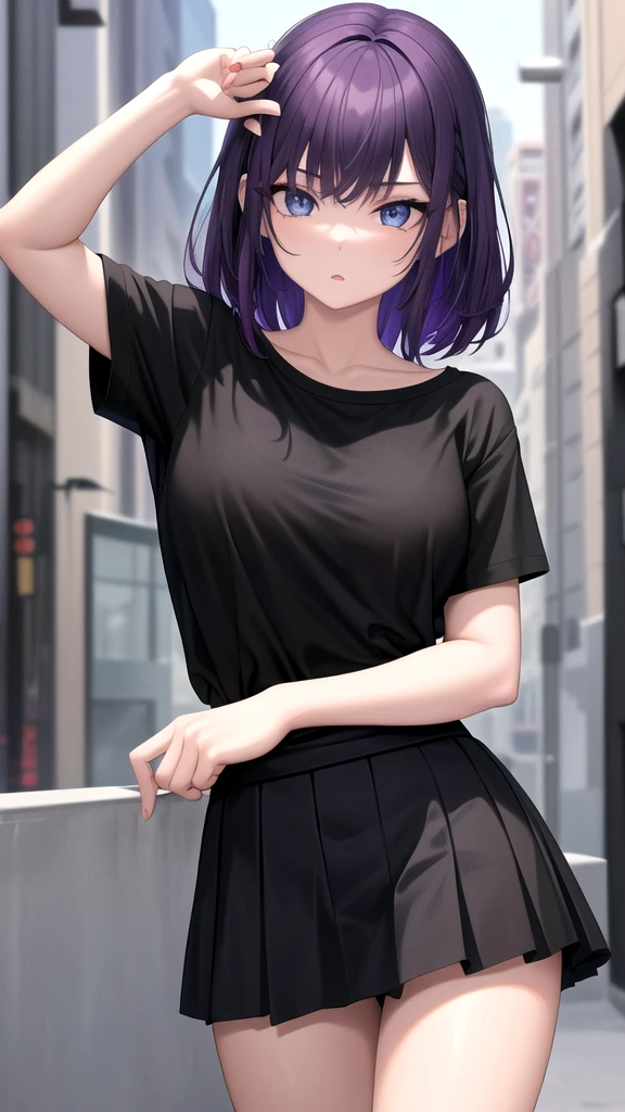 masterpiece, best quality, high quality, ,dark forsest, 1girl, solo, 19-year-old girl,female focus, looking at viewer , purple hair,black T-shirt ,black mini skirt , blue eyes, dare sky