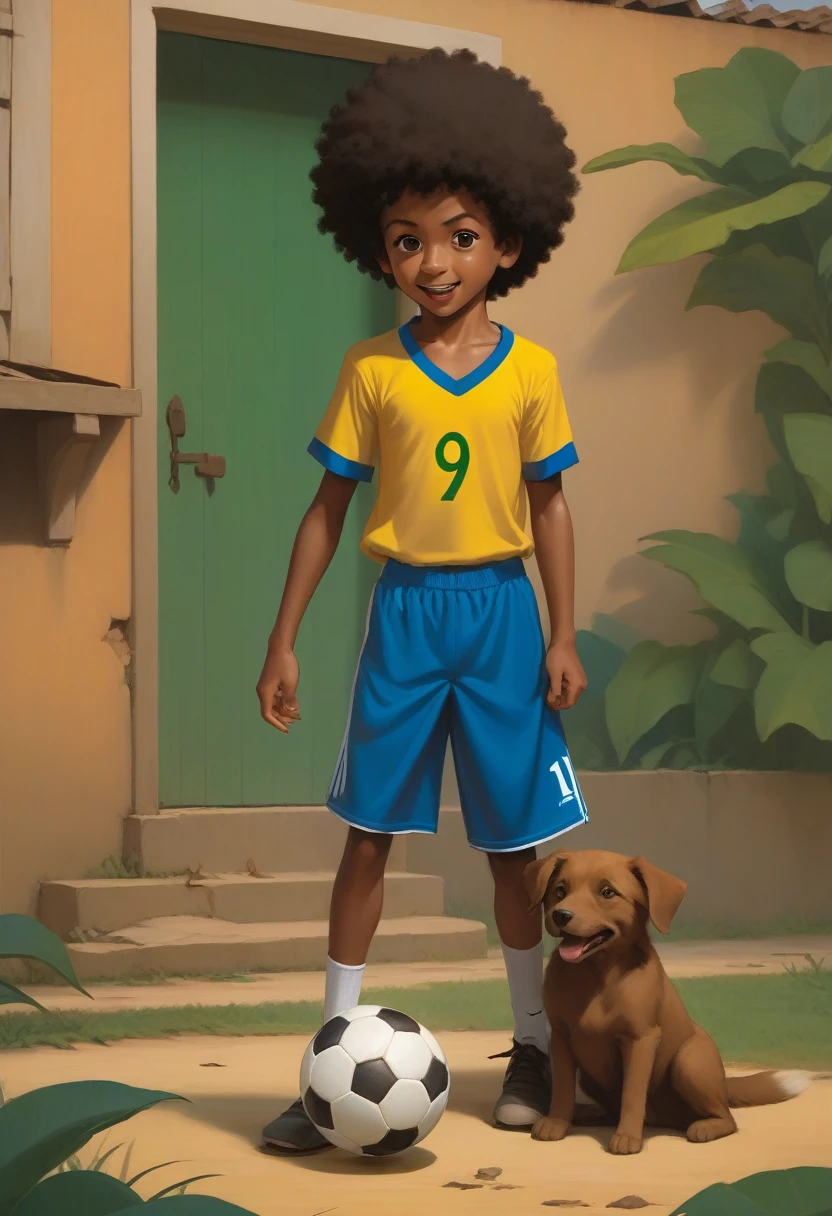 A poor Afro-Brazilian boy in a Brazilian football stadium playing with a soccer ball drawn by Todd McFarlane and Greg Capullo, he is wearing old and torn clothes, he is playing with a soccer ball and playing with his dog, a backyard of a typical Brazilian house in the background, typical brown dog from Brazil, the dog tries to bite the soccer ball, a soccer ball for the boy at his feet, the soccer ball must appear in the image, Robert Downey Jr Reference..., engine unreal, octane rendering, por Jacob Lawrence e Francis picabia, perfect composition, beautiful detailed intricate insanely detailed octane rendering trending on artstation, 8k art photography, photorrealistic concept art, soft natural volumetric cinematic perfect light, Bright dark, rewarded photography, work of art, oil on canvas, rafael, caravaggio, Greg Rutkowski, beetle, Beksinski, giger, face with two large central incisors and visible gums, the boy is running and we can see his teeth and gums, the detail, highy detailed, photo realist