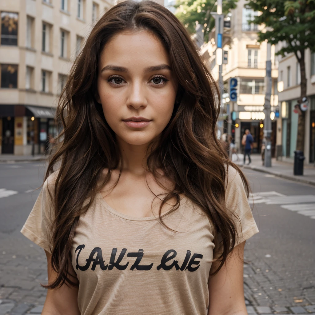 29 year old woman, long brown hair a little curly, Brown eyes, visage parfait, professional makeup like model, C et portant un t-shirt dans la rue