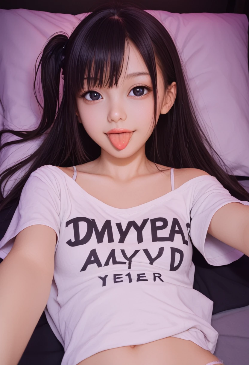 pastel colors t-shirt,off-shoulder look,bare shoulder,ollarbone,midriff peek,string panties,open mouth,(tongue out:2),lying,Selfie,front view,upper body,(1girl,Beautiful  girl),((Slender,Small breasts,Small face,)),(looking at viewer),Black Hair,bangs,one side up,Beautiful and detailed,(Dimly lit room:1.5),Simple Background,White bed,pillow,Mischievous smile
