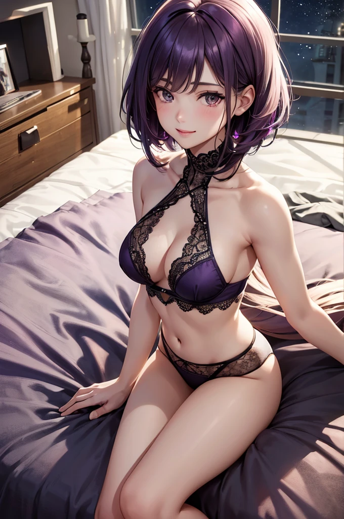 Best Quality,High resolution,8K,finelity detailed background,Masterpiece:1.2),beautiful girl,Shiny purple hair,asymmetrical hair,Brown eyes,Gentle look,A refreshing look,Smile shyly,Best quality,Best Quality,Aesthetic and aesthetic:1.2,Best details((Super detailed))(High-definition CG illustrations),Purple underwear (gray,intricate lace),Slender body,night,moon,Bedroom,On the bed,smile,blush,cute,Scrounge,Looking up,Being spoiled,super model,wariza,shoot from above