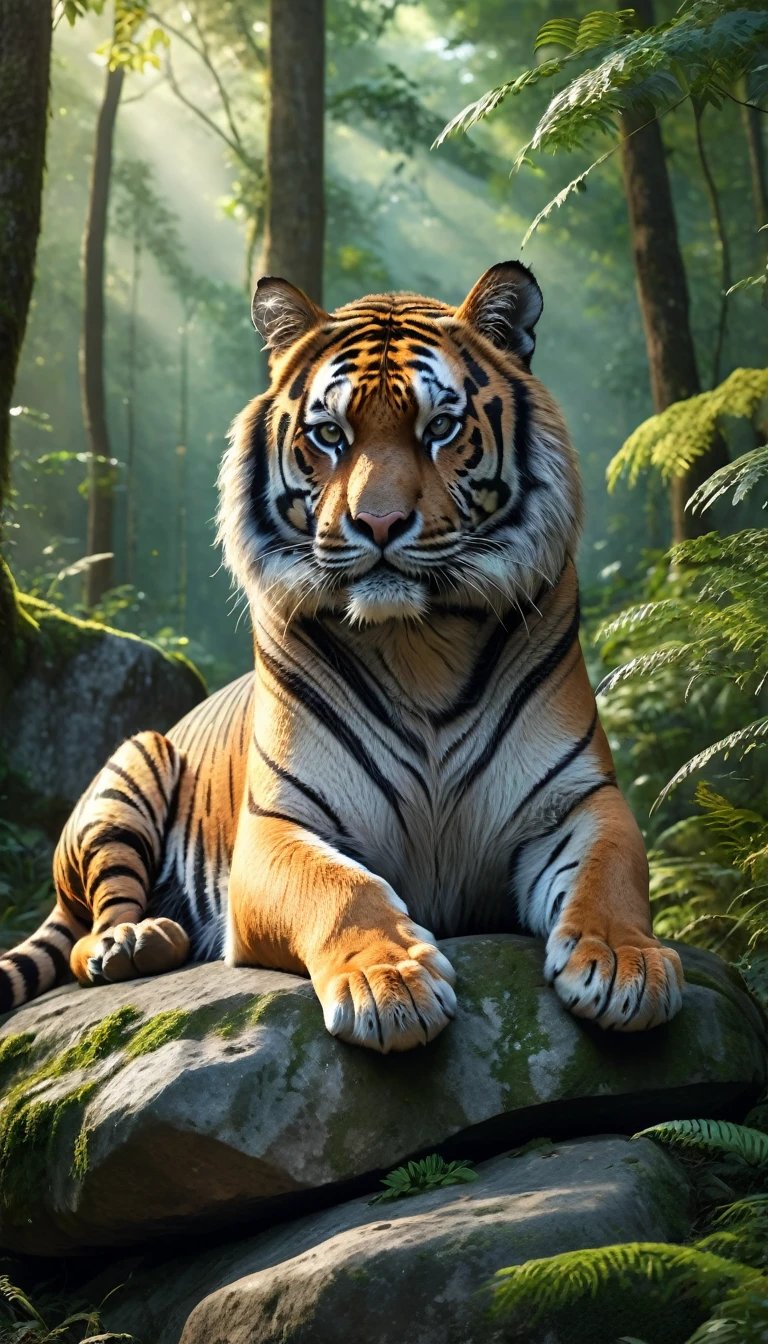 Panorama，A wild beast is sitting on a rock in the forest，The tail of the cow，The body of a tiger（best quality，4K，8K，High level，masterpiece：1.2），Ultra Detailed，（lifelike，Photo real，Photo real：1.37），Highly detailed animals，Complex patterns，Realistic lighting，Fantasy Creatures