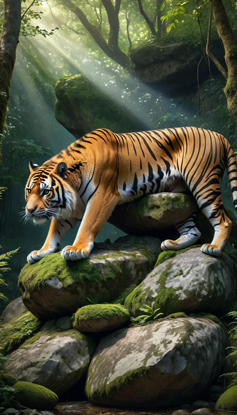 Panorama,A wild beast is sitting on a rock in the forest,The tail of the cow,The body of a tiger(best quality,4K,8K,High level,masterpiece:1.2),Ultra Detailed,(lifelike,Photo real,Photo real:1.37),Highly detailed animals,Complex patterns,Realistic lighting,Fantasy Creatures