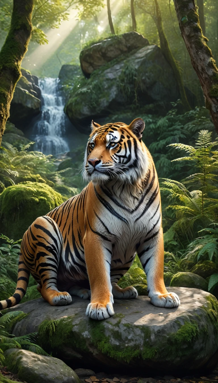 Panorama，A wild beast is sitting on a rock in the forest，The tail of the cow，The body of a tiger（best quality，4K，8K，High level，masterpiece：1.2），Ultra Detailed，（lifelike，Photo real，Photo real：1.37），Highly detailed animals，Complex patterns，Realistic lighting，Fantasy Creatures