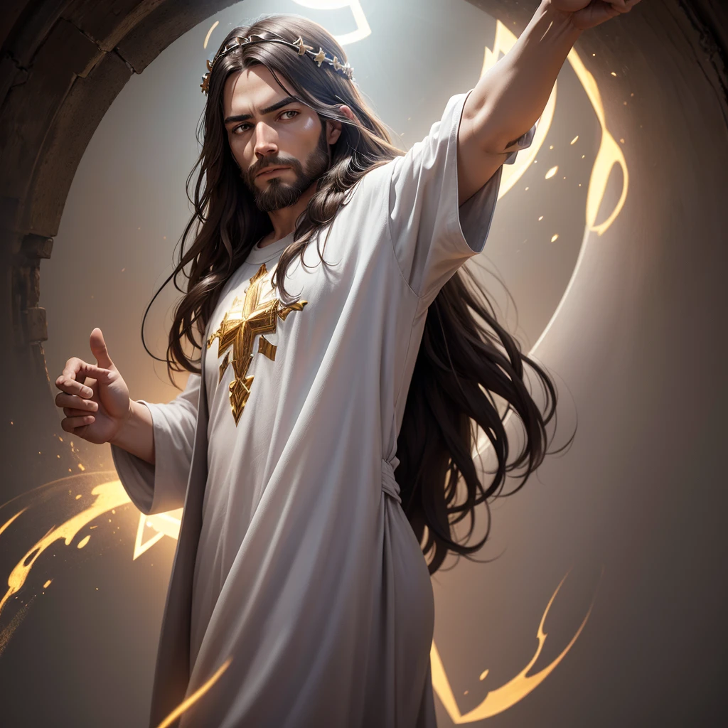 Create a highly detailed image of Jesus Christ with a glowing halo around his head. Jesus should be pointing straight ahead, with an intense and expressive gaze. The background should be lit with a heavenly glow, further highlighting the figure of Jesus. Art should be in a realistic style with an emphasis on detailed details and the textures of skin and hair. The image should convey a sense of power and holiness.