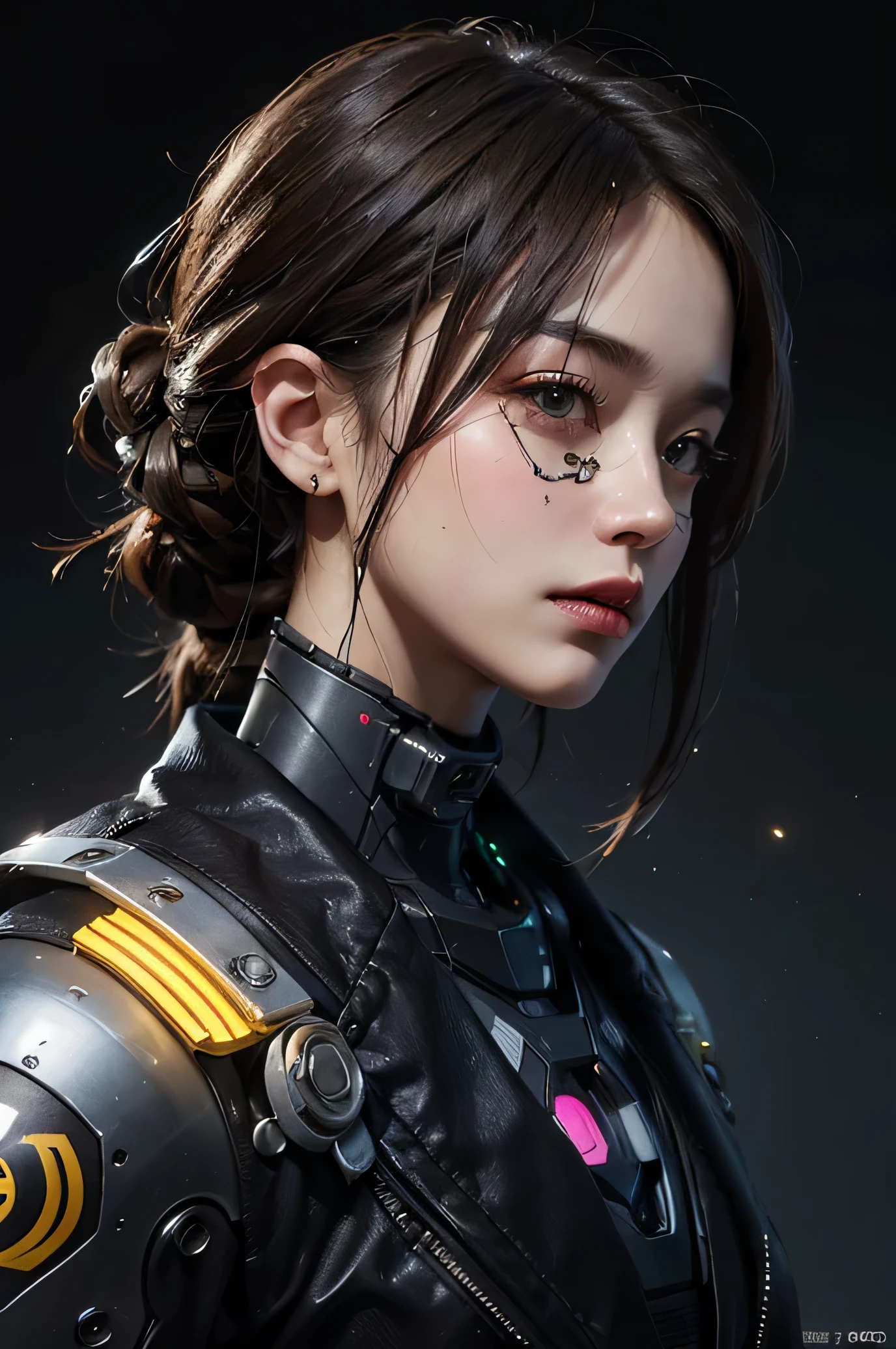 Male A very detailed hyper-realistic Japanese man masterpiece, Wearing a suit and a complex robotic space helmet., with robotic parts on your Face, Mechanical jaws Mechanical cheeks,Man with robot head, portrait of a futuristic robot, Bee Style, robotic Face, The Cyberpunk Way, human face, style hybrid mix oF beeple, portrait of a cyborg, futuristic dieselpunk street, Beeple style, Portrait Beauty - FI People, ltra High DeFinition, Simple minimum. F/4, 16:9, 5 s ultra high deFinition, Kinematics, Real portrait of a male person from the side at a 45 degree angle