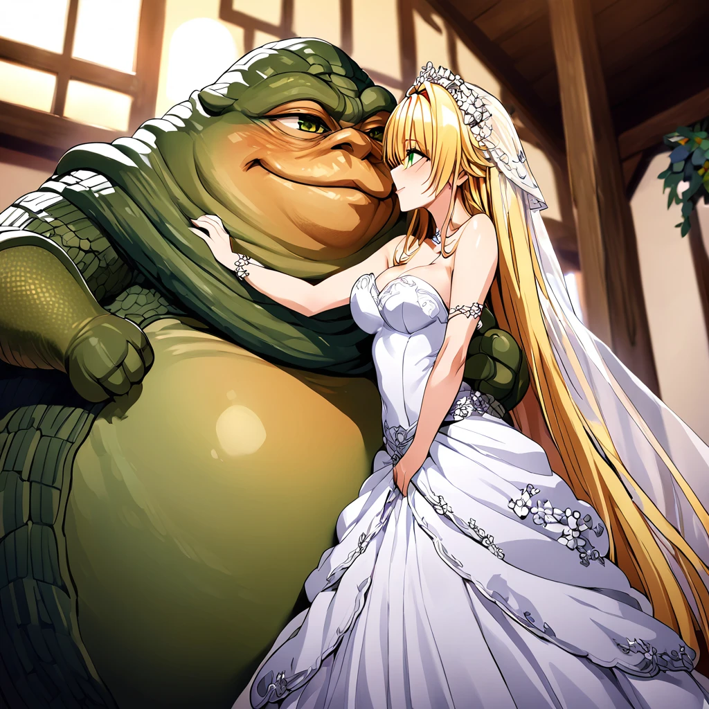 ((Highest quality)), ((masterpiece)), (detailed), （Perfect Face）、The woman is Tiare, with green eyes, medium-length blonde hair, an iron collar, and is wearing a gorgeous, jeweled vintage wedding dress and a vintage wedding veil. The woman is standing next to Jabba the Hutt at his hideout for the wedding.、Jabba the Hutt is holding a woman in his arms and having a wedding、The woman loves Jabba the Hutt and looks at him with a gentle smile.、The woman and Jabba the Hutt embrace each other, share a passionate kiss, and make love to each other in their wedding ceremony.