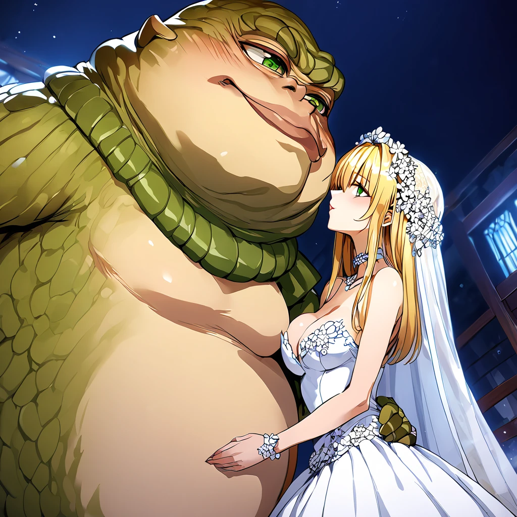 ((Highest quality)), ((masterpiece)), (detailed), （Perfect Face）、The woman is Tiare, with green eyes, medium-length blonde hair, an iron collar, and is wearing a gorgeous, jeweled vintage wedding dress and a vintage wedding veil. The woman is standing next to Jabba the Hutt at his hideout for the wedding.、Jabba the Hutt is holding a woman in his arms and having a wedding、The woman loves Jabba the Hutt and looks at him with a gentle smile.、The woman and Jabba the Hutt embrace each other, share a passionate kiss, and make love to each other in their wedding ceremony.