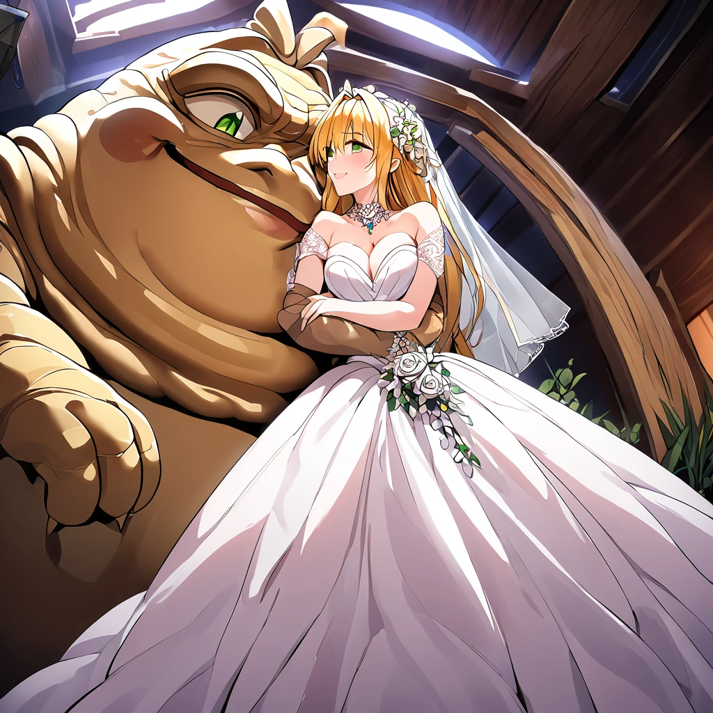 ((Highest quality)), ((masterpiece)), (detailed), （Perfect Face）、The woman is Tiare, with green eyes, medium-length blonde hair, an iron collar, and is wearing a gorgeous, jeweled vintage wedding dress and a vintage wedding veil. The woman is standing next to Jabba the Hutt at his hideout for the wedding.、Jabba the Hutt is holding a woman in his arms and having a wedding、The woman loves Jabba the Hutt and looks at him with a gentle smile.、The woman and Jabba the Hutt embrace each other, share a passionate kiss, and make love to each other in their wedding ceremony.