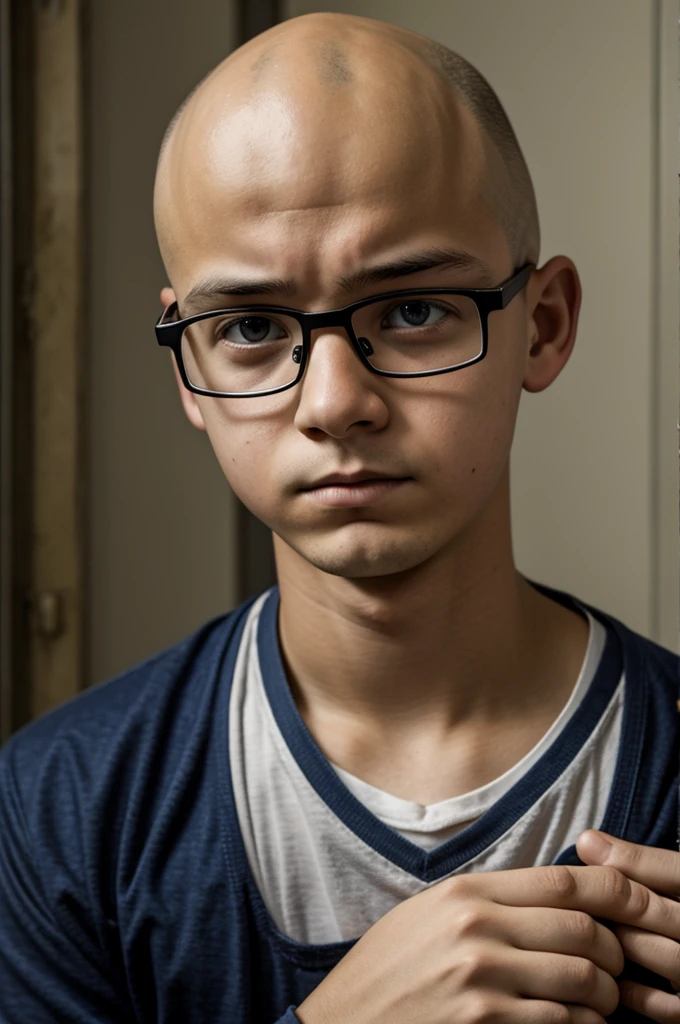 Sad bald  boy with glasses held prisoner 