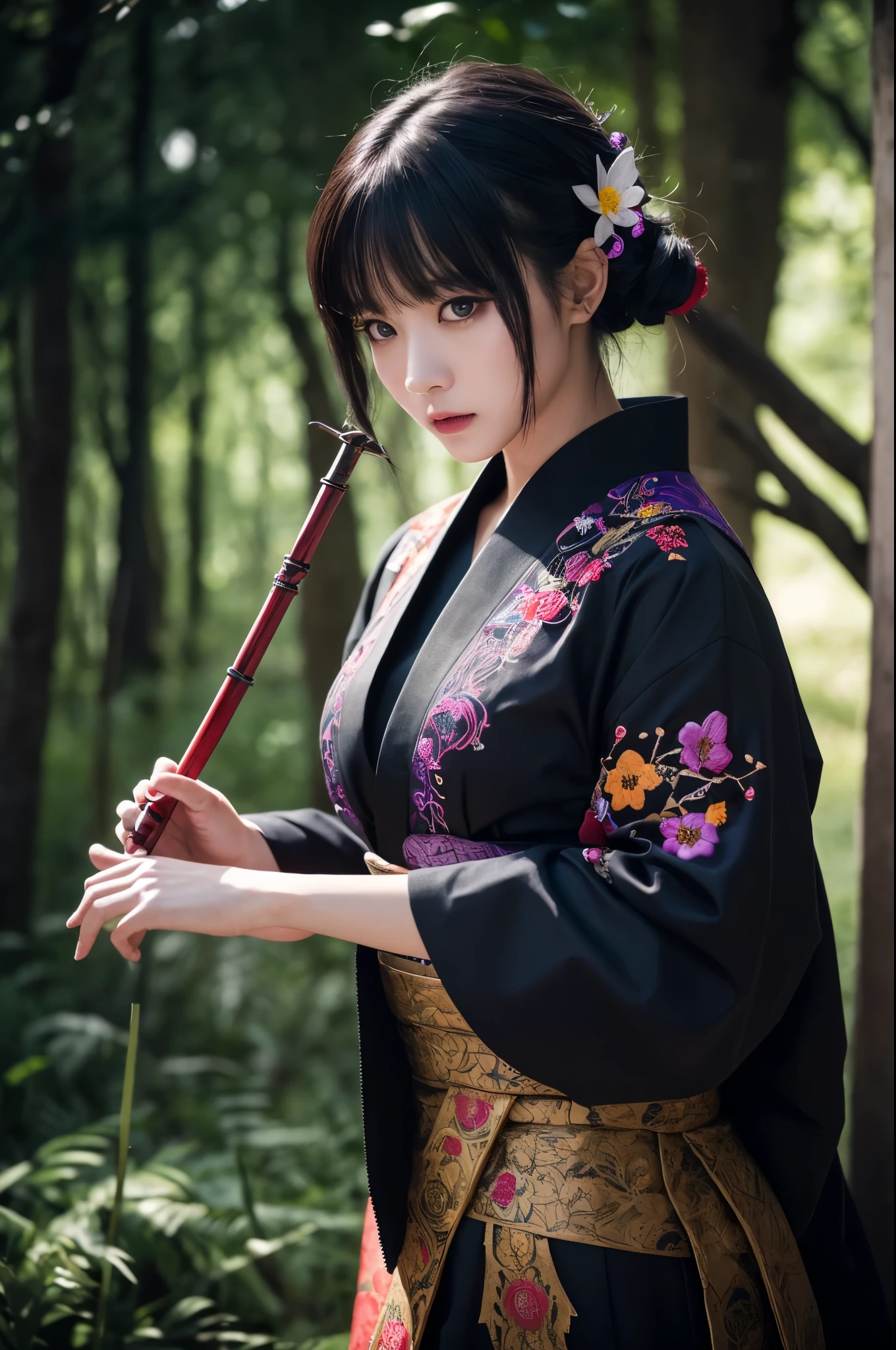 8K,Women in traditional Japanese costumes fighting,(Dark Shot:1.4), 80mm, (Dark Shot:1.4), 80mm, A magnificent reality, Big eyes,Black short bob hair,Black and purple butterfly hair ornament,Black kimono and red obi,Black and purple butterfly pattern(Intricate butterfly embroidery),Purple eyes(Purple Effect),mat, art,Horror movie lights, Photo Lab, High resolution, 複雑で非常にdetailed, (Depth of written border:1.4), (Dark Shot:1.22), (artステーション:1.2), 超detailedな, dramatic, Intricate details, (Technicolor:0.9), (Rutkowski:0.8), Like a horror movie, detailed, Soft Light, sharp, Exposure Blending, Medium Shot, (Noir:0.4), horror light,sharp, Exposure Blending、Medium Shot,Photorealistic RAW photos of the highest quality。Backlight, Cinema Lighting, Film Grain, to be born, 50mm lens, Nikon D850,Realistic Skin,ファンタジーart,キャラクターart,超High resolution,Muscular and slim body,in the forest,super Realistic Skin,Late Night,Underworld demon makeup,Demon Makeup,Battle Scenes,Action Scenes,Action pose,激しいAction pose,fierce fighting,Holding a dagger,Acrobatic pose,Fighting Style,flower,
