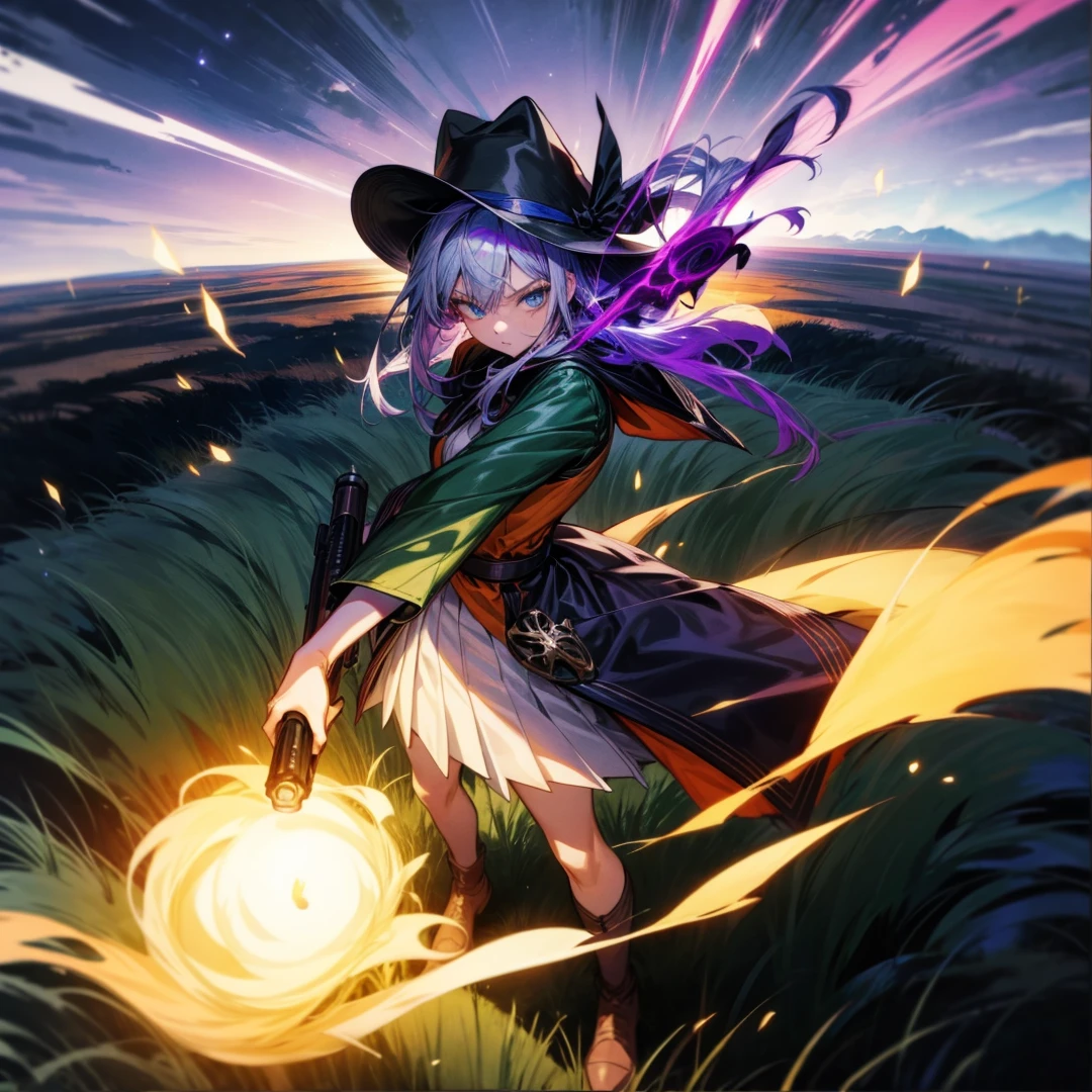 1girl, Full body version, 1character, adult version, blue eyes color, long haircut, purple colour hair, purple hairs, medieval style clothing, cowboy hat, revolver in hand, Grassroots, background in green field, motion blur, plasma effect, lighting revolver, fire revolver, fire, smoke revolver, smoke effect, aura effect, lighting, (Hunter x Hunter style), standing gesture, high angle view 