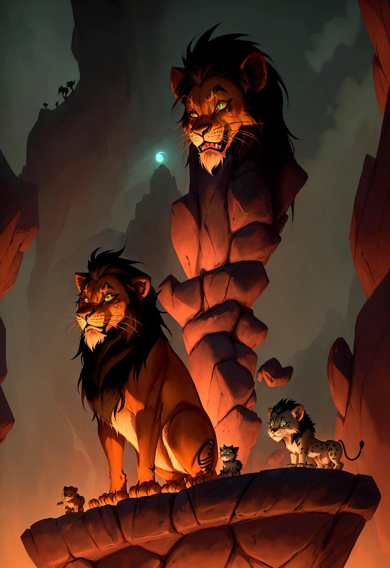 Stylised animated illustration depicting the character Scar from the 1994 Disney film "The Lion King". The character is depicted as a lion with a dark mane and piercing green eyes, his facial expression is slightly menacing with a wide grin exposing sharp teeth. The background depicts a night landscape and a hint of green wildlife below, suggesting a mysterious and dangerous atmosphere. The illustration style is reminiscent of the work of artist Chris Sanders, with a unique and engaging interpretation of a classic Disney character.