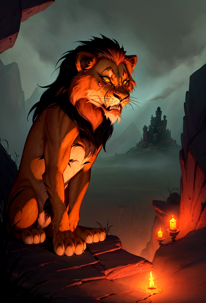 Stylised animated illustration depicting the character Scar from the 1994 Disney film "The Lion King". The character is depicted as a lion with a dark mane and piercing green eyes, his facial expression is slightly menacing with a wide grin exposing sharp teeth. The background depicts a night landscape and a hint of green wildlife below, suggesting a mysterious and dangerous atmosphere. The illustration style is reminiscent of the work of artist Chris Sanders, with a unique and engaging interpretation of a classic Disney character.