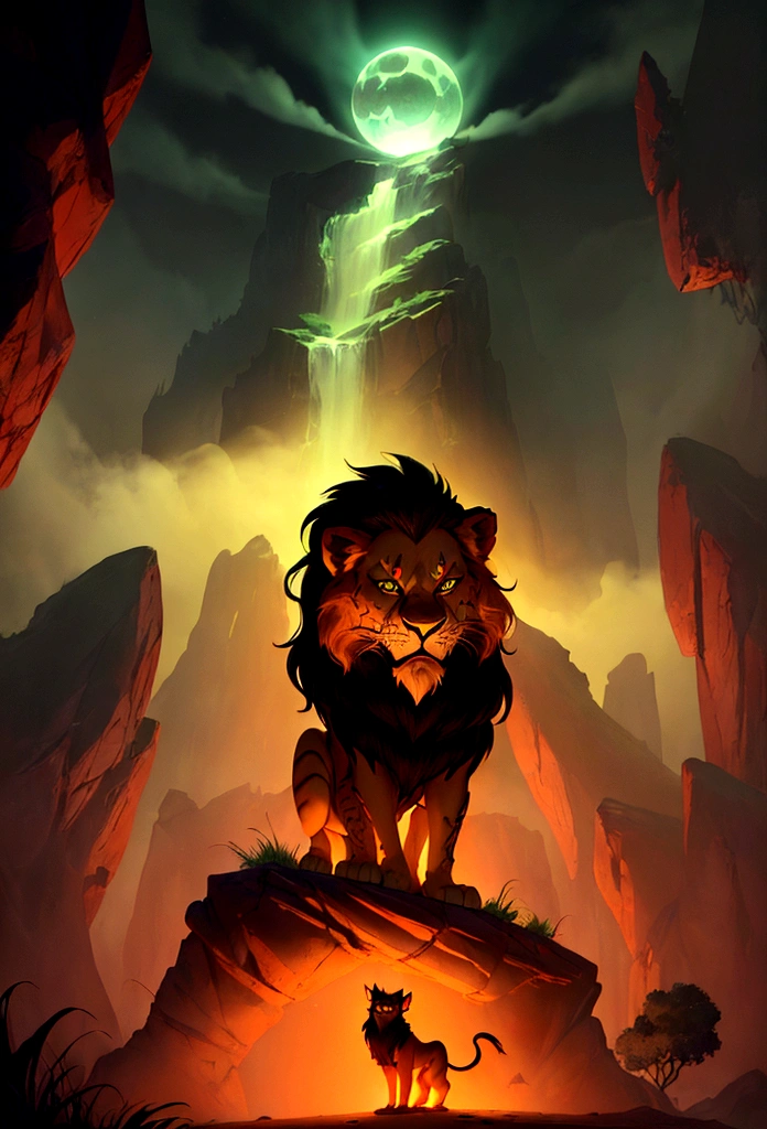 Stylised animated illustration depicting the character Scar from the 1994 Disney film "The Lion King". The character is depicted as a lion with a dark mane and piercing green eyes, his facial expression is slightly menacing with a wide grin exposing sharp teeth. The background depicts a night landscape and a hint of green wildlife below, suggesting a mysterious and dangerous atmosphere. The illustration style is reminiscent of the work of artist Chris Sanders, with a unique and engaging interpretation of a classic Disney character.