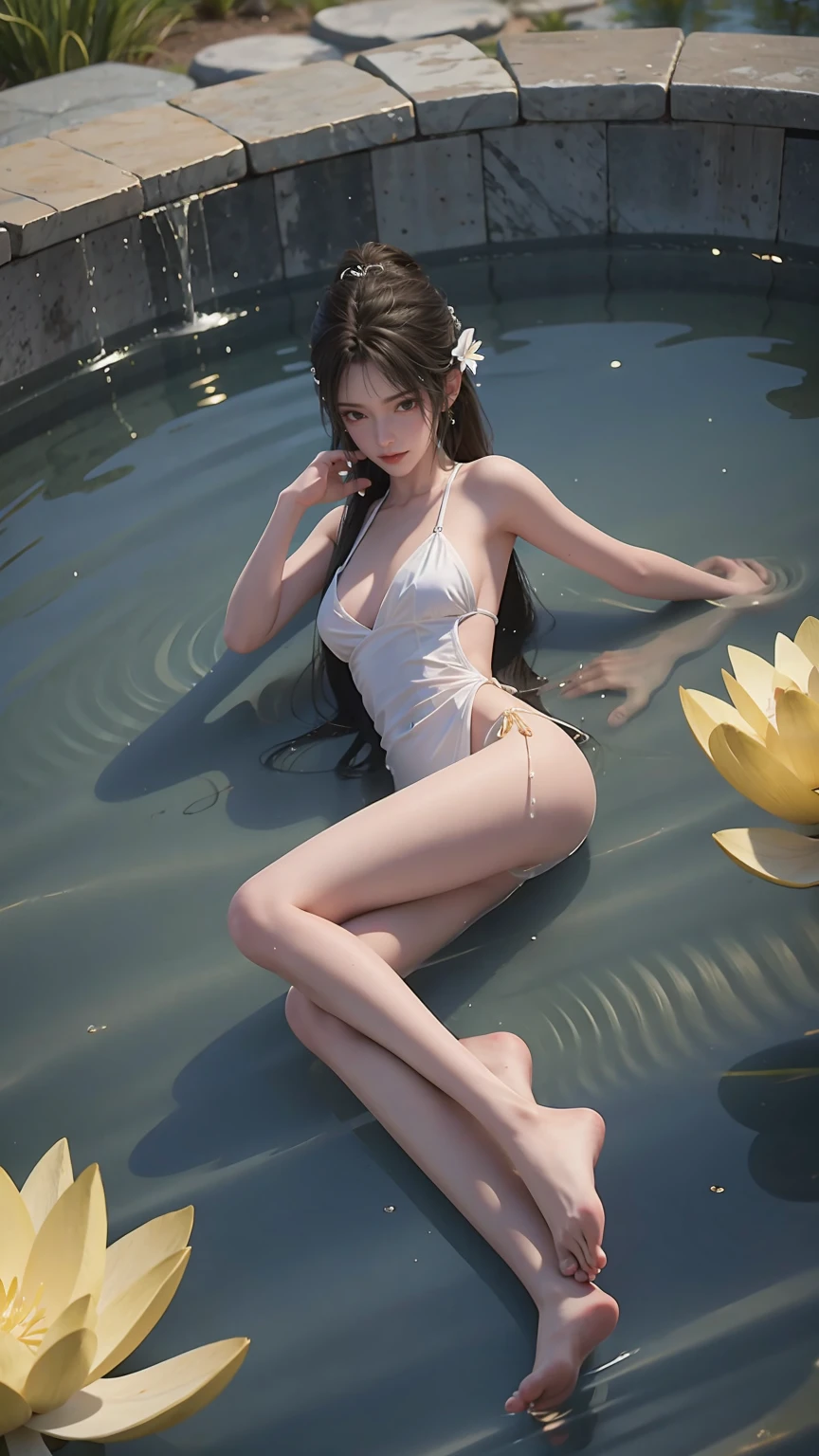 A girl bathing in water,Cross-legged,barefoot,White summer suit,Showering the upper body while bathing on the water,Wearing a white suspender pajamas dress,Golden glowing lotus on the water,Water Magic,Wet,Full body capture,Full body view