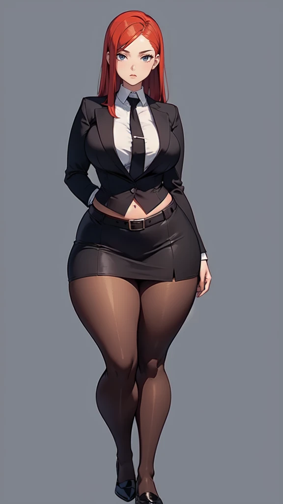 blank background, (((full body))), (masterpiece), ((best quality)), ((tall girl)), straight hair (curvy:1.6), (short skirt), shoes, belt below navel, redhead hair,, (black suit and tie), wide hips