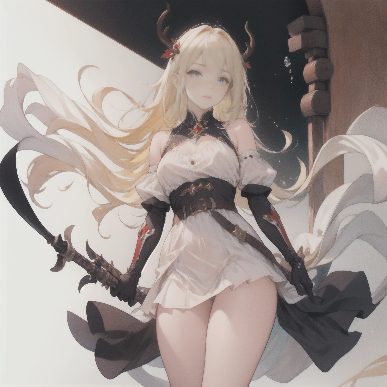 threatened, (((1 girl))),1 girl, standing alone, long hair, missiles, basic, black backdrop, elsword, thicc thighs, containment, missilesduras, overskirt, hair ornament, mitts, booties, antlers, feathered basic, containment missiles, feathers, dual wield, overskirt preta, Eyes red, mitts pretas, hair blonde, whole body, waist belt, bared shoulders, booties de coxa, chestnut hair, containment elsword, elbow Gloves, gauntlets, [(White background:1.5),::5] (isometric:1.0), double exposure, bubble,
mid shot, whole body,work of art, best qualityer,(colorfully),(beautiful finely detailed eyes and detailed face),cinematic lighting,Extremely detailed CG 8k unity wallpaper