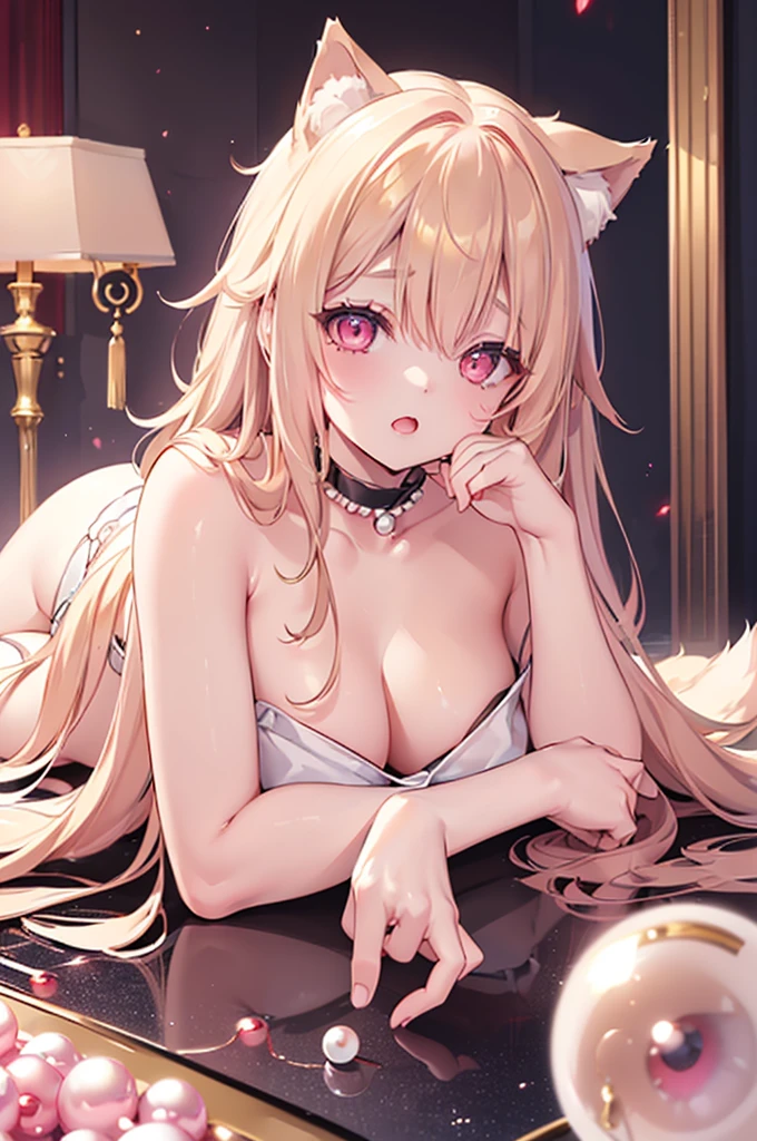 One girl、A little sexy、Blonde、Red sparkling eyes、detailed cute eyes,(glowing eyes:1.4),open mouth,((Droopy eyeole on left cheek　Medium Curl Hair、Dog ears、Lying down、Golden Room、pearls choker,sensual pose,