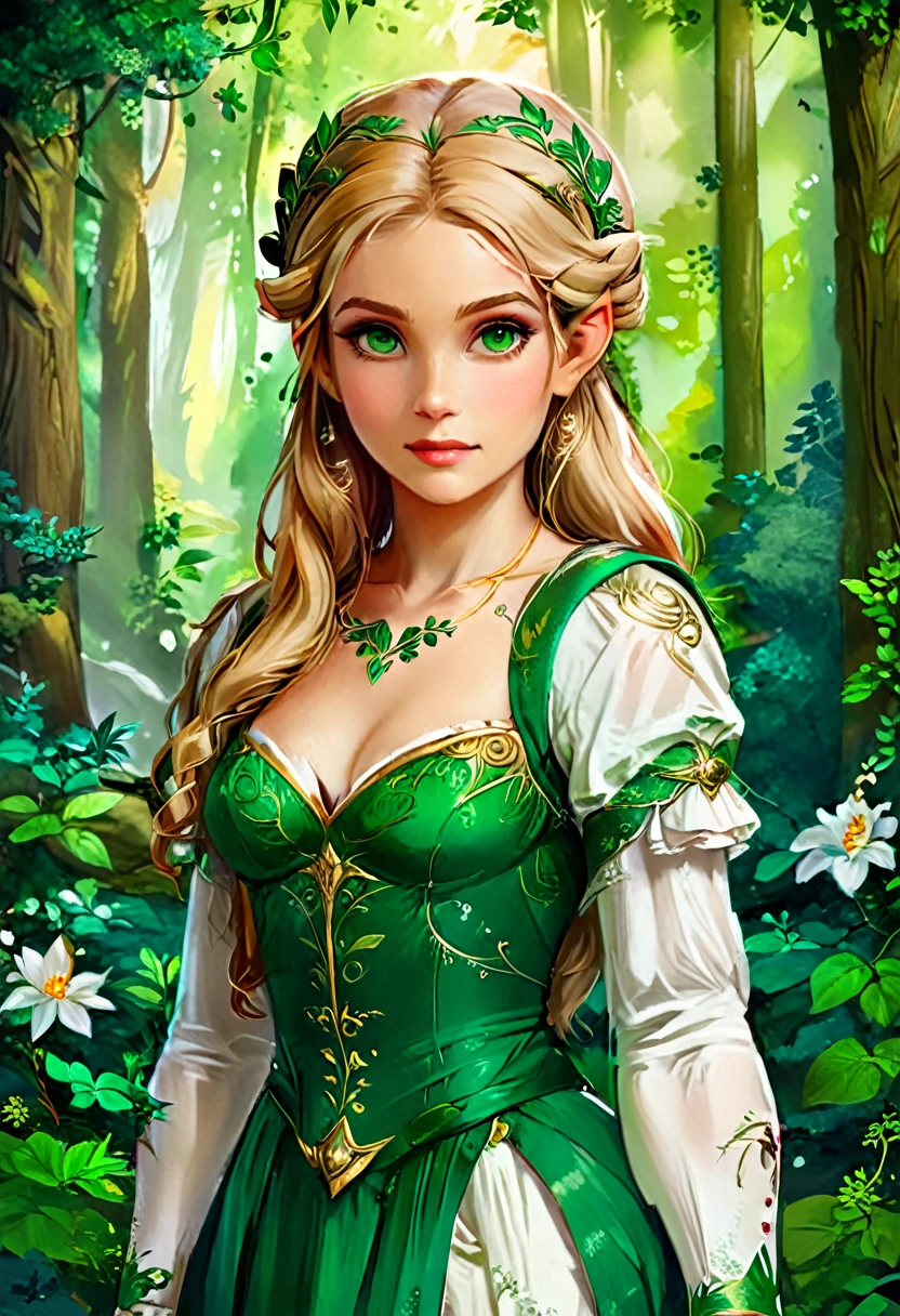 a masterful best quality, award winning masterpiece, oil painting portrait done by Raphael of Princess Zelda, ((anatomically correct: 1.5)), wearing intricate glamour green and white elven dress, elven forest background background, Ultra-high resolution, High Contrast, (masterpiece:1.5), highest quality, Best aesthetics), best details, best quality, highres, 16k, [ultra detailed], masterpiece, best quality, (extremely detailed), chumbasket art style, style of Raphael , evening dress, oil painting