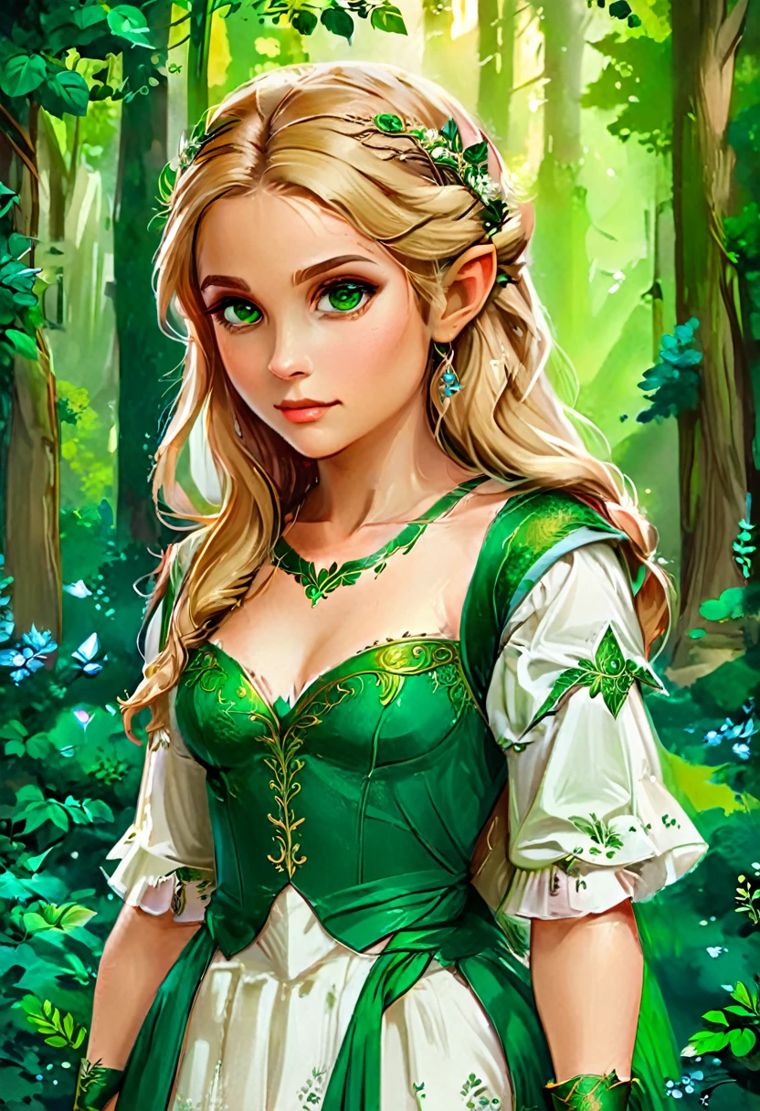 a masterful best quality, award winning masterpiece, oil painting portrait done by Raphael of Princess Zelda, ((anatomically correct: 1.5)), wearing intricate glamour green and white elven dress, elven forest background background, Ultra-high resolution, High Contrast, (masterpiece:1.5), highest quality, Best aesthetics), best details, best quality, highres, 16k, [ultra detailed], masterpiece, best quality, (extremely detailed), chumbasket art style, style of Raphael , evening dress, oil painting