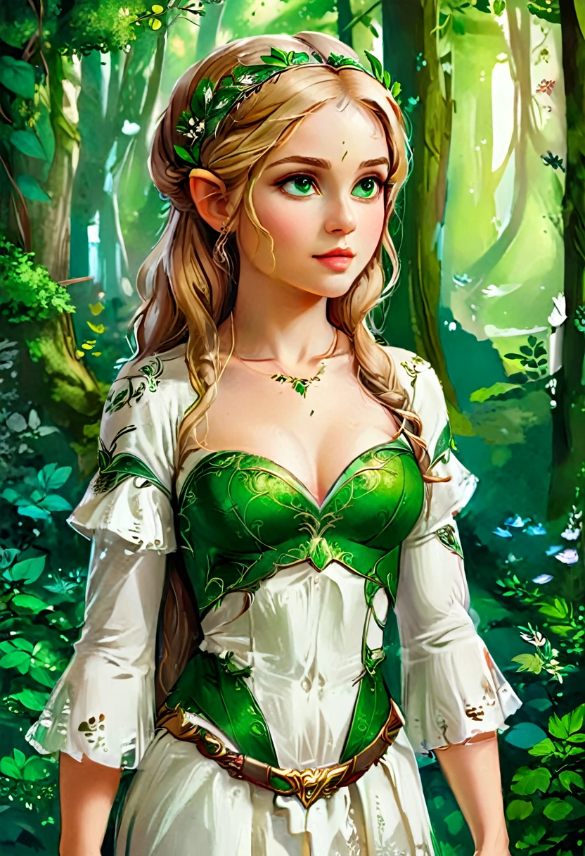 a masterful best quality, award winning masterpiece, oil painting portrait done by Raphael of Princess Zelda, ((anatomically correct: 1.5)), wearing intricate glamour green and white elven dress, elven forest background background, Ultra-high resolution, High Contrast, (masterpiece:1.5), highest quality, Best aesthetics), best details, best quality, highres, 16k, [ultra detailed], masterpiece, best quality, (extremely detailed), chumbasket art style, style of Raphael , evening dress, oil painting