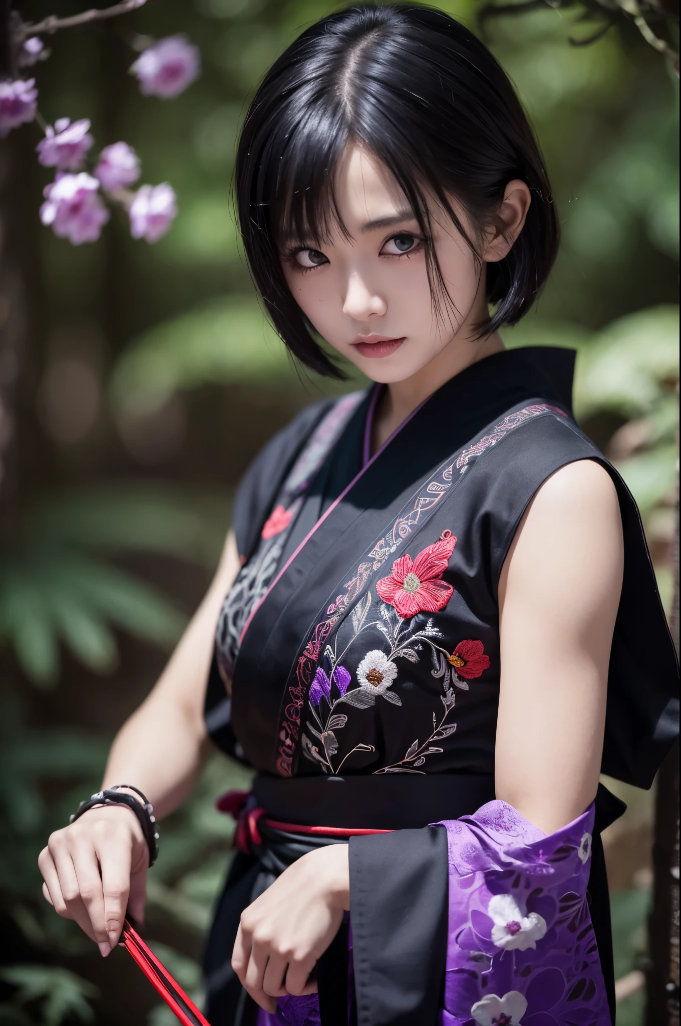 8K,Women in traditional Japanese costumes fighting,(Dark Shot:1.4), 80mm, (Dark Shot:1.4), 80mm, A magnificent reality, Big eyes,Black short bob hair,Black and purple butterfly hair ornament,Black kimono and red obi,Black and purple butterfly pattern(Intricate butterfly embroidery),Purple eyes(Purple Effect),mat, art,Horror movie lights, Photo Lab, High resolution, 複雑で非常にdetailed, (Depth of written border:1.4), (Dark Shot:1.22), (artステーション:1.2), 超detailedな, dramatic, Intricate details, (Technicolor:0.9), (Rutkowski:0.8), Like a horror movie, detailed, Soft Light, sharp, Exposure Blending, Medium Shot, (Noir:0.4), horror light,sharp, Exposure Blending、Medium Shot,Photorealistic RAW photos of the highest quality。Backlight, Cinema Lighting, Film Grain, to be born, 50mm lens, Nikon D850,Realistic Skin,ファンタジーart,キャラクターart,超High resolution,Muscular and slim body,in the forest,super Realistic Skin,Late Night,Underworld demon makeup,Demon Makeup,Battle Scenes,Action Scenes,Action pose,激しいAction pose,fierce fighting,Holding a dagger,Acrobatic pose,Fighting Style,flower,