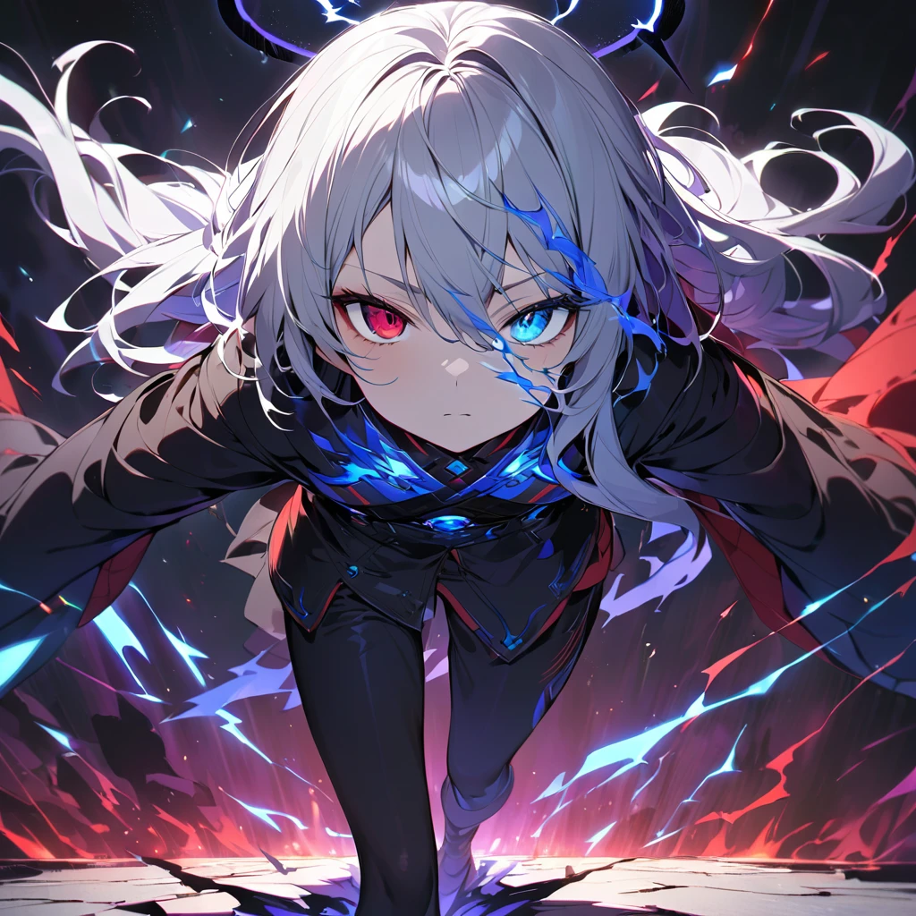 elementary, Shadow Surrounding Girl, lightning, Green Aura, Red aura, Purple aura, Flames surrounding the girl, masterpiece, Dark Theme, Highest quality, Maximum details, Very fine eye, Professional coloring, cinematic lightning, Remaining, Written boundary depth, Backlight, One Girl, Young girl, Silver Hair, Long Hair, Hair between the eyes, Black Halo, Shining blue sea, Blue Flame, Large, black, translucent magical wings on his back, Fantasy-inspired costumes, Black long coat, shirt, Black trousers, Expressionless, Heterochromia iridis, Deep purple left eye, Blue right eye, Odd Eye, Show a close-up of your face, Facing forward, Countless magical swords are floating, Slashing Effects, Hall々Stand with