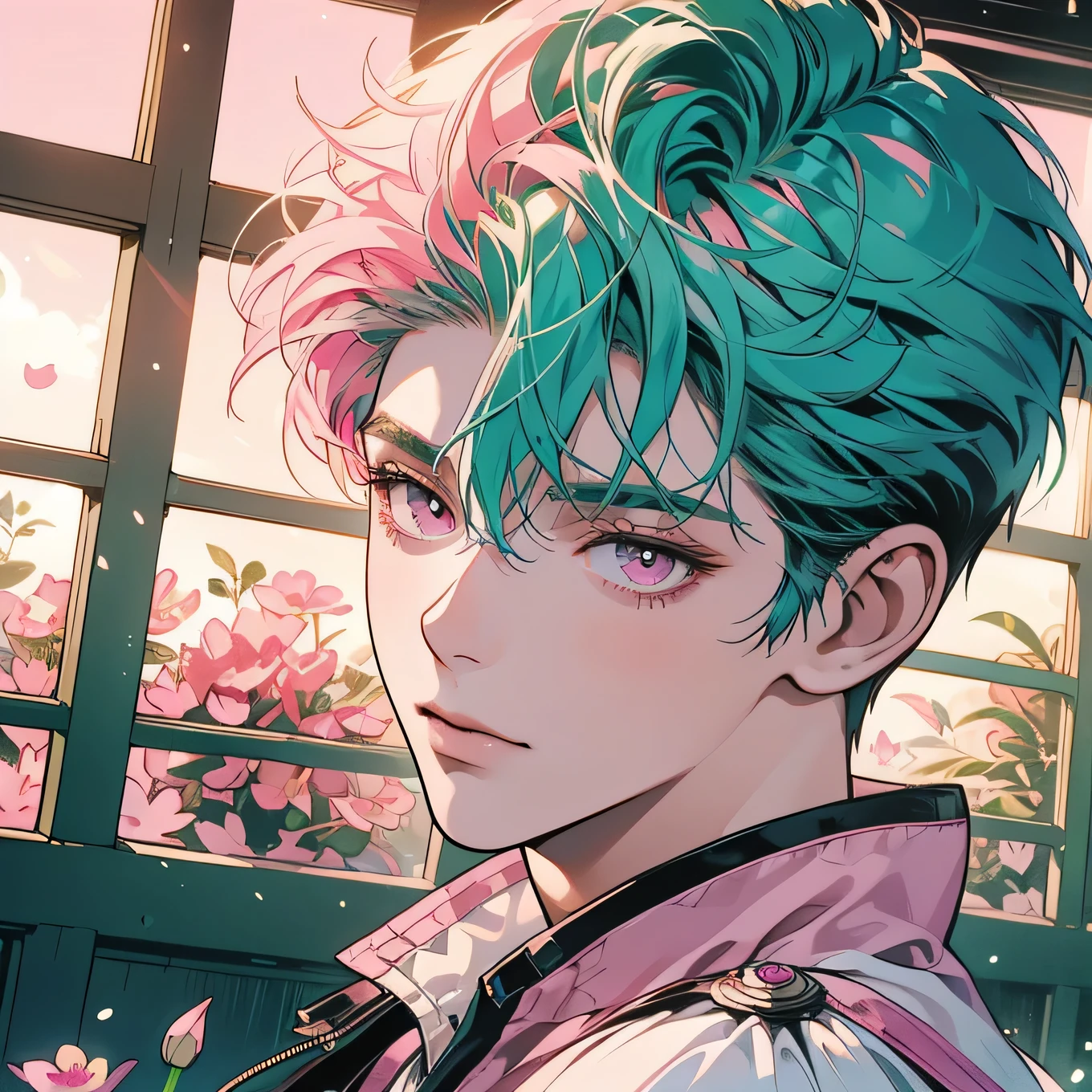 One young fairy boy, inside a castel, handsome, cool boy, perfect architecture, medieval, looking at camera, perfect face, green hair, dramatic light, lots of wires, switchboard, sun light in Corridor, fairy, detailed pink and green hair, (((Various angles))), solo, cockpit, upper body shot, beautifull male , Super detailed background, top quality, Unique and pink eyes, Various unique hairstyles, short hair, hair between his eye, Ghost in the Shell, Long shot, Panorama, (((pink eye color))), green and pink hair color, sparkling eyes, medieval city background, Unique and perfect face, magic, (((Flower hair ornament))), shoot from above, Pale Lighting