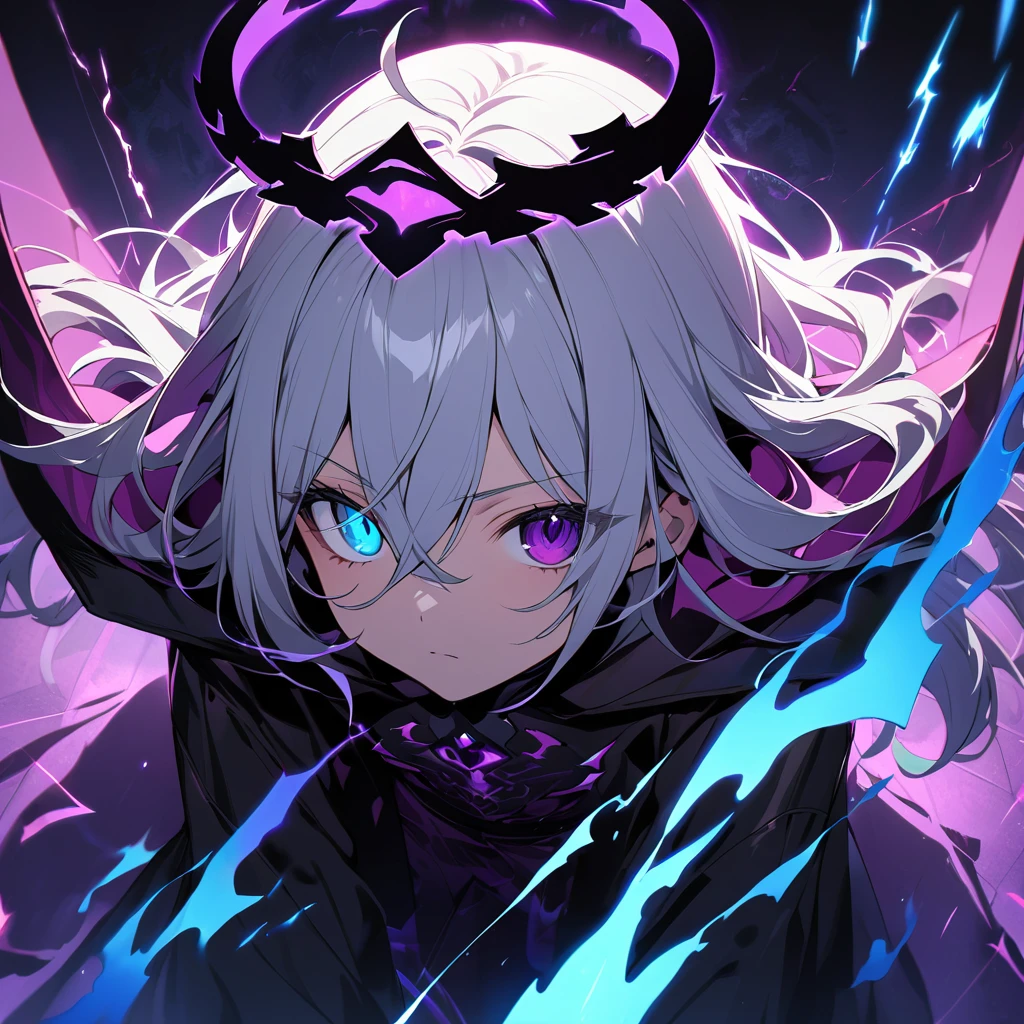 elementary, Shadow Surrounding Girl, lightning, Green Aura, Red aura, Purple aura, Flames surrounding the girl, masterpiece, Dark Theme, Highest quality, Maximum details, Very fine eye, Professional coloring, cinematic lightning, Remaining, Written boundary depth, Backlight, One Girl, Young girl, Silver Hair, Long Hair, Hair between the eyes, Black Halo, Shining blue sea, Blue Flame, Large, black, translucent magical wings on his back, Fantasy-inspired costumes, Black long coat, shirt, Black trousers, Expressionless, Heterochromia iridis, Deep purple left eye, Blue right eye, Odd Eye, Show a close-up of your face, Facing forward, Countless magical swords are floating, Slashing Effects, Hall々Stand with