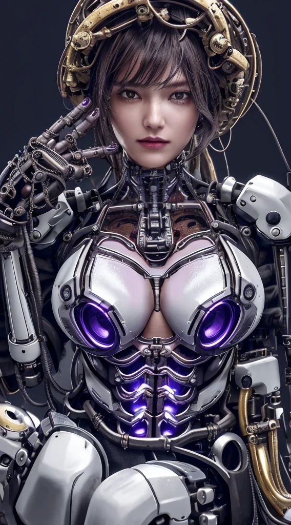 1 Mechanical Girl、((super realistic details))、portlate、globalillumination、Shadow、octan render、8K、ultrasharp、Steampunk Cyborg Body、White porcelain body、Hydraulic cylinder、Details of complex ornaments、Gothloli details、highly intricate detail、Realistic light、CGSoation Trends、a purple eye、radiant eyes、Facing the camera、neon details、Colossal 、The cleavage is visible、Mechanical limbs、blood vessels connected to tubeechanical vertebrae attached to the back、mechanical cervical attaching to neck、sitting on、Wires and cables connecting to the head、The background is a steampunk space、