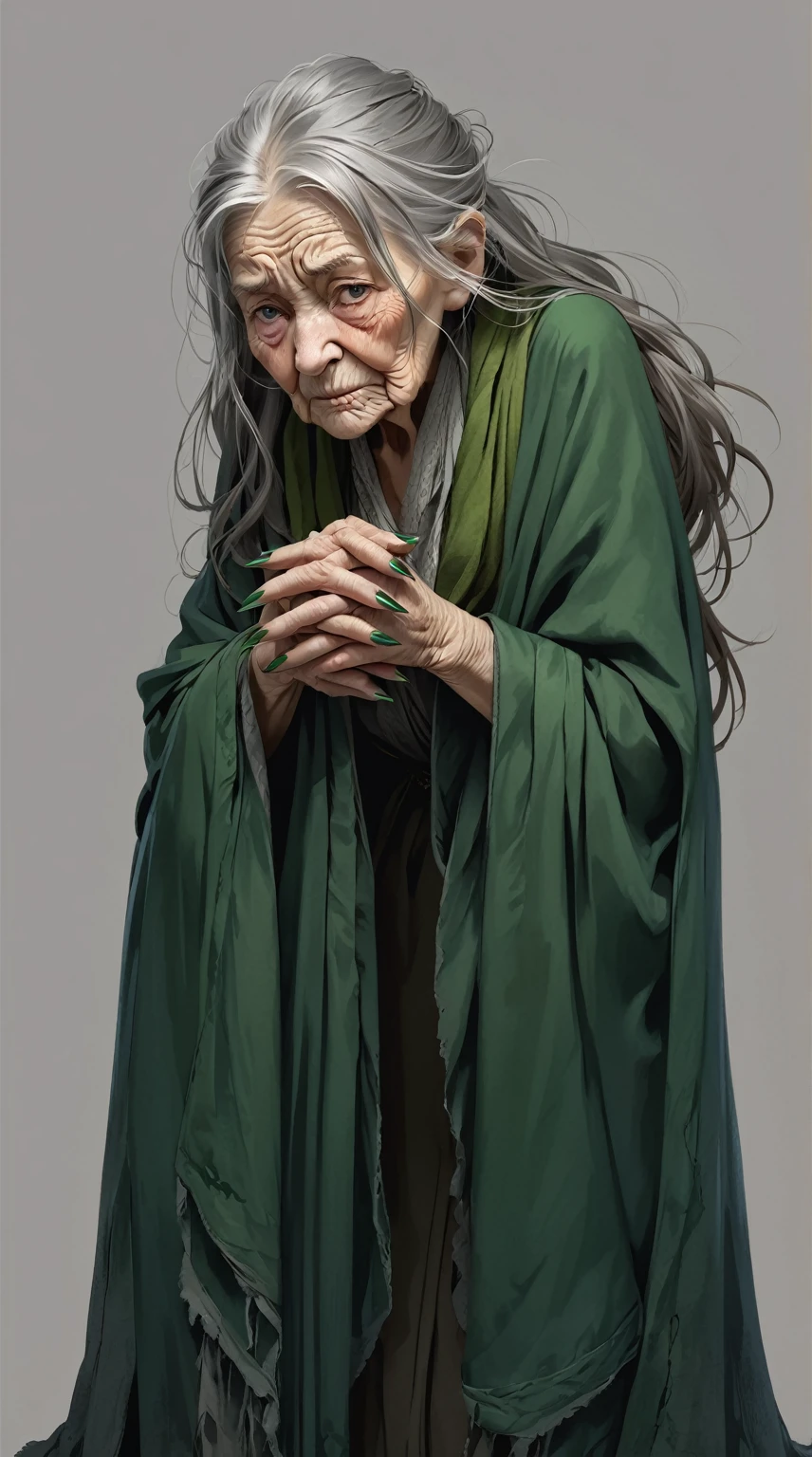 beautiful illustration, ultra-detailed, masterpiece, old woman, long gray tousled hair, creepy, long sharp nails, wrinkles, green cape, half-turn pose, evil, hands folded together, shabby clothes