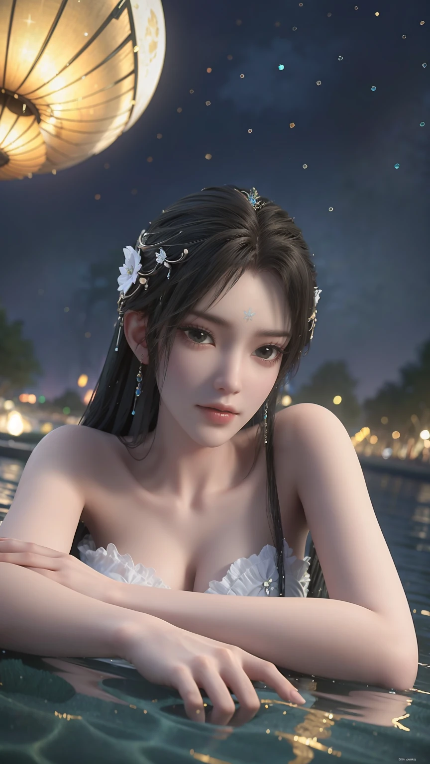 A girl lying on the bed under the stars, delicate smile, beautiful delicate eyes, beautiful delicate lips, extremely delicate face and eyes, long eyelashes, sexy body, flowing hair, best picture quality, famous works, ultra high resolution, (realistic :1.4), RAW photos, (Beautiful face :1.2), (Lying on the water :1.5), 1 girl, (Surreal), (8K), (4K), physical rendering, starry sky, ((full body shot)), barefoot, cross-legged, wearing a dress, long skirt