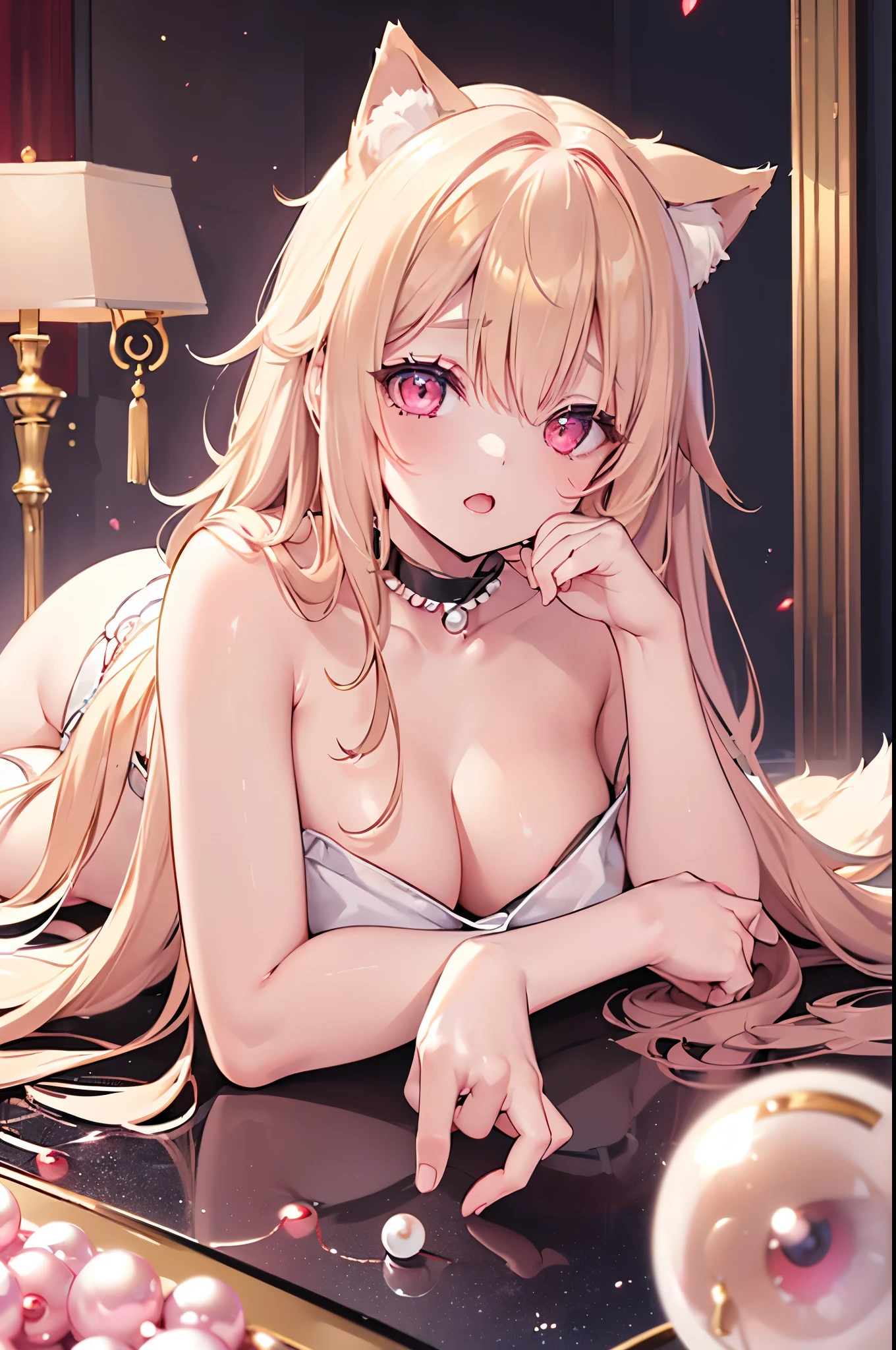 One girl、A little sexy、Blonde、Red sparkling eyes、detailed cute eyes,(glowing eyes:1.4),open mouth,((Droopy eyeole on left cheek Medium Curl Hair、Dog ears、Lying down、Golden Room、pearls choker,sensual pose,