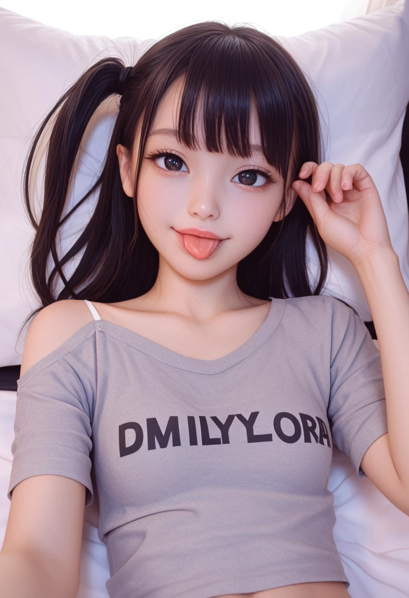 pastel colors t-shirt,off-shoulder look,bare shoulder,ollarbone,midriff peek,string panties,open mouth,(tongue out:2),lying,Selfie,front view,upper body,(1girl,Beautiful old girl),((Slender,Small breasts,Small face,)),(looking at viewer),Black Hair,bangs,one side up,Beautiful and detailed,(Dimly lit room:1.5),Simple Background,White bed,pillow,Mischievous smile
