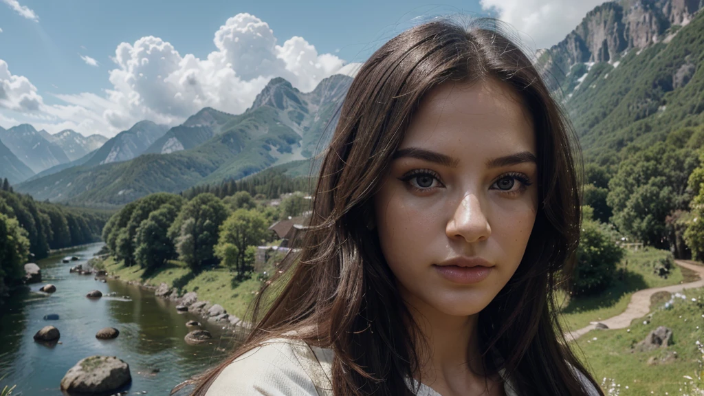 A beautiful girl in a serene nature landscape, (best quality,4k,8k,highres,masterpiece:1.2),ultra-detailed,(realistic,photorealistic,photo-realistic:1.37),dramatic cinematic lighting, Renaissance style oil painting, dramatic mountains in the background, lush green forests, flowing river, dramatic cloudy sky, intricate detailed foliage, beautiful detailed eyes,beautiful detailed lips,extremely detailed eyes and face,longeyelashes