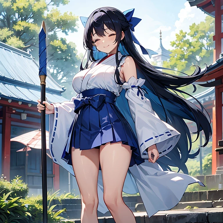 closed eyes, The best smile、Blue micro mini skirt hakama