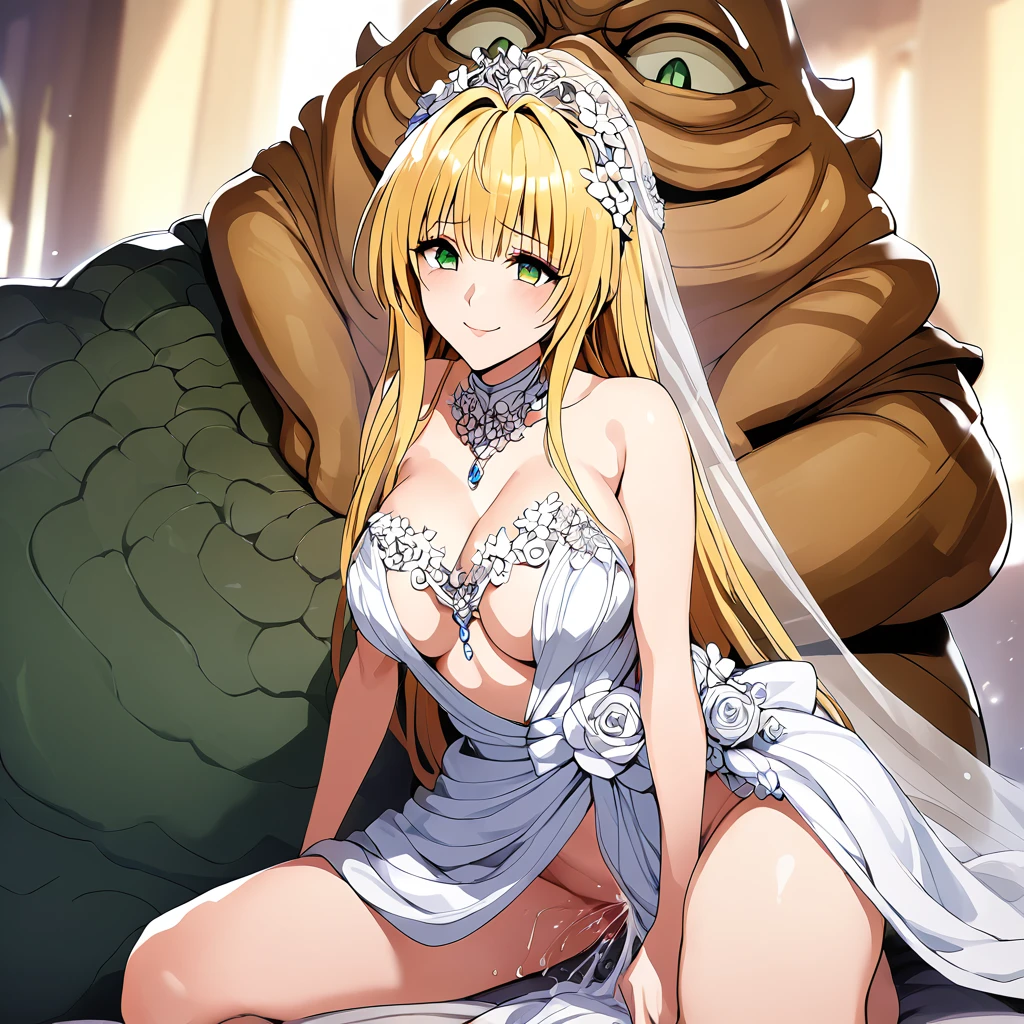 ((Highest quality)), ((masterpiece)), (detailed), （Perfect Face）、The woman is a Tier, with green eyes, medium-long blonde hair, an iron collar, and a gorgeous, jeweled vintage wedding dress and a vintage wedding veil. The woman is being picked up by Jabba the Hutt and is being impregnated.、Jabba the Hutt picks up a woman and has sex with her、The woman loves Jabba the Hutt and looks at him with a gentle smile.