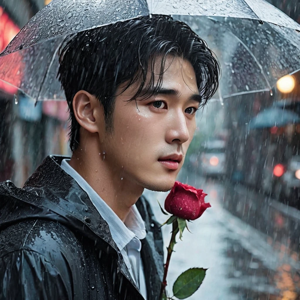 in a bustling city,cold rain,A handsome korean man stands alone in the rain,His eyes are confused,The expression is sad,Gloomy eyes, and strong,withered rose,Wilted flowers,The rain washed over his cheeks。He insists on waiting,Believe that the one you love will come back。