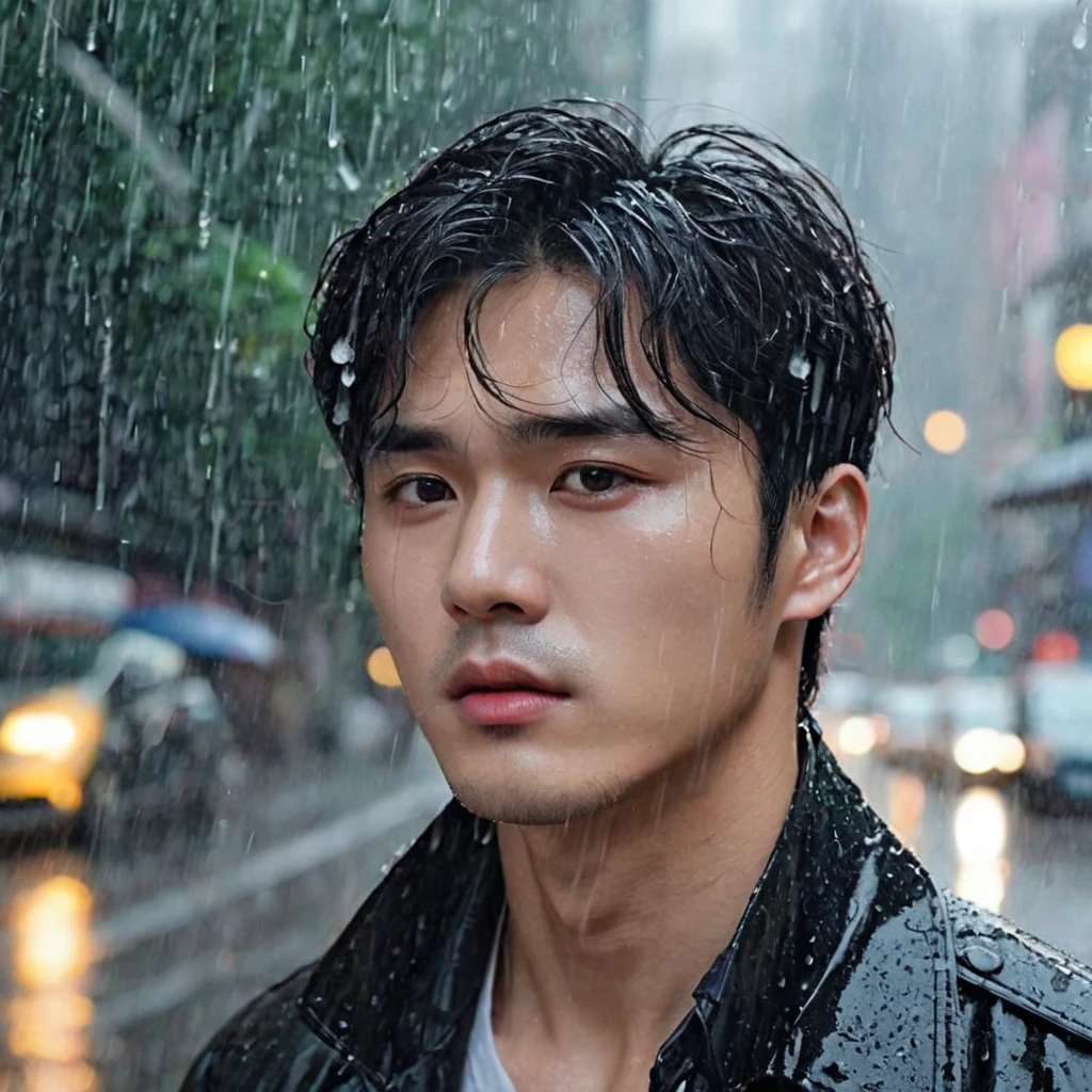 in a bustling city，cold rain，A handsome korean man stands alone in the rain，His eyes are confused，The expression is sad，Gloomy eyes， and strong，withered rose，Wilted flowers，The rain washed over his cheeks。He insists on waiting，Believe that the one you love will come back。