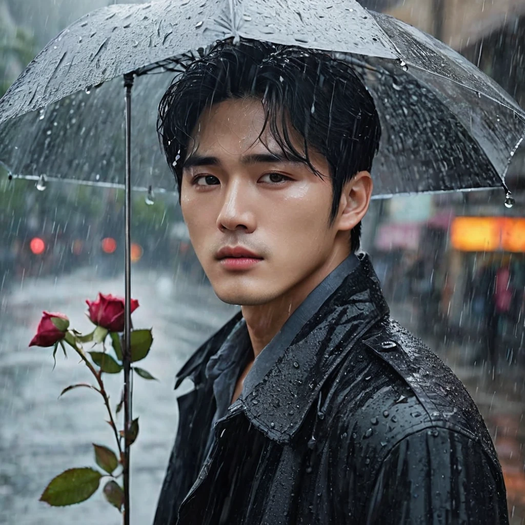 in a bustling city,cold rain,A handsome korean man stands alone in the rain,His eyes are confused,The expression is sad,Gloomy eyes, and strong,withered rose,Wilted flowers,The rain washed over his cheeks。He insists on waiting,Believe that the one you love will come back。