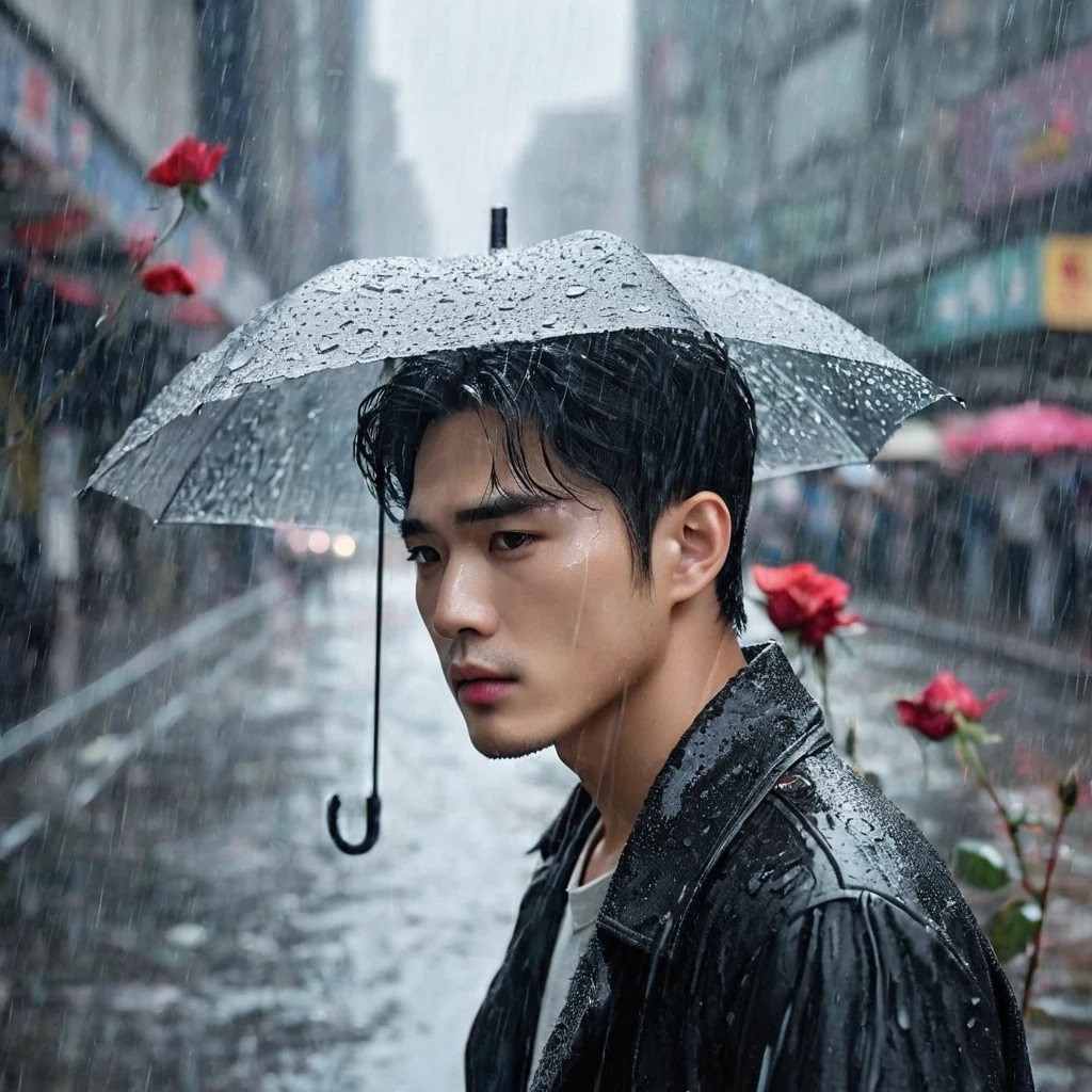 in a bustling city,cold rain,A handsome korean man stands alone in the rain,His eyes are confused,The expression is sad,Gloomy eyes, and strong,withered rose,Wilted flowers,The rain washed over his cheeks。He insists on waiting,Believe that the one you love will come back。