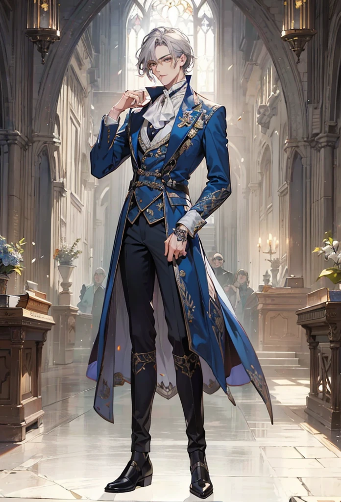 Extremely complex and exquisite details,masterpiece,best quality,Handsome tall man with gray hair,white scarf,Dark blue swallow tail exquisite embellished suit,Scholarly family culture,towering library background,Top game art,super handsome guy,looking into camera