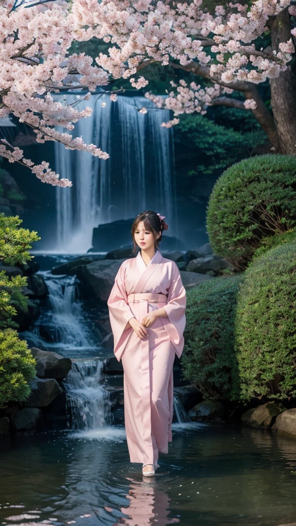 Ultra realistic , night time , Sakura Tree Blooming Park , big clear water river, waterfall in a distance,ultra high resolution, intricate details, highly detailed, ultra high definition, a stunningly beautiful delicate face girl in pink kimono was walking at the park .