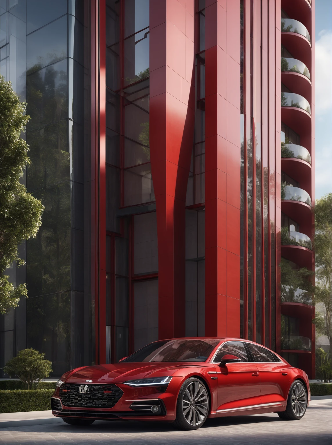 a close up of a red car parked in front of a tall building, precise architectural rendering, overall architectural design, realistic building, height realistic details, realistic architecture, high quality rendering, exterior design, an architectural, highly realistically detailed, 3d architecture, architectural visualization, quality rendering, architectural rendering, concept house, inter dimensional villa, architectural concepts