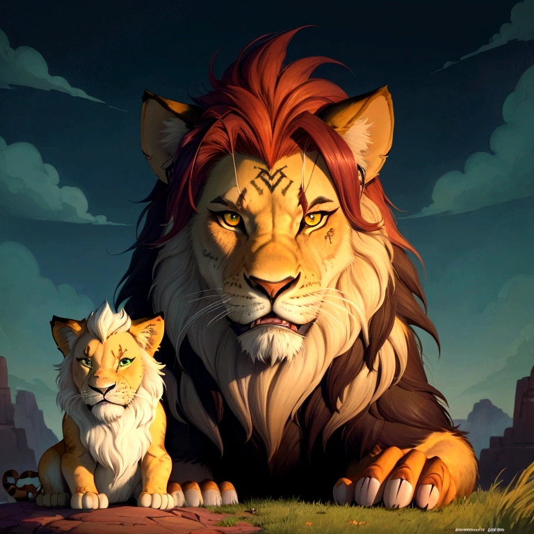 Stylised animated illustration depicting the character Scar from the 1994 Disney film "The Lion King". The character is depicted as a lion with a dark mane and piercing green eyes, his facial expression is slightly menacing with a wide grin exposing sharp teeth. The background depicts a night landscape and a hint of green wildlife below, suggesting a mysterious and dangerous atmosphere. The illustration style is reminiscent of the work of artist Chris Sanders, with a unique and engaging interpretation of a classic Disney character.