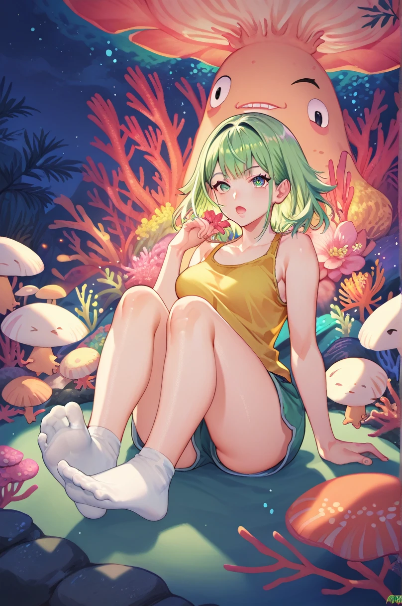 score_9, score_8_up, score_7_up, 1girl, sitting, looking at viewer, soles, socks, foot focus, foreshortening, saturday night fever, fucked silly, green hair, baby bangs, coral eyes, medium breasts, golden tank top, night, Bellflower \(flower\) background, 