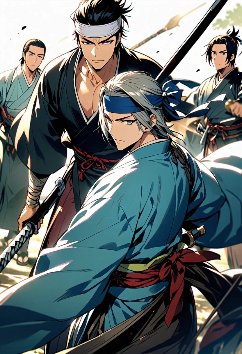 Japanese men、Swordsmanship、Handsome、He had a long spear、End of the Edo period、Shinsengumi、Light blue kimono、One person、wild、headband